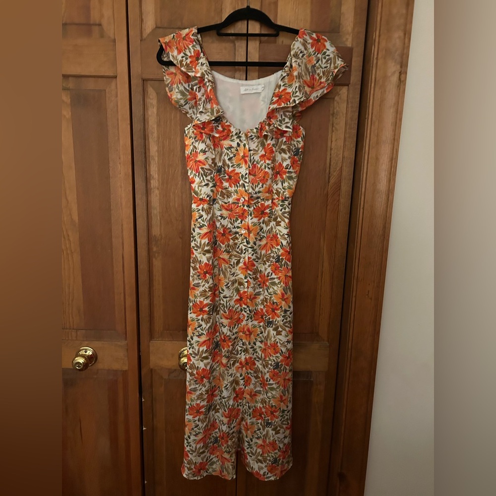 All in Favor Women's S 90s Inspired Orange Cream Floral Button Down Maxi Dress